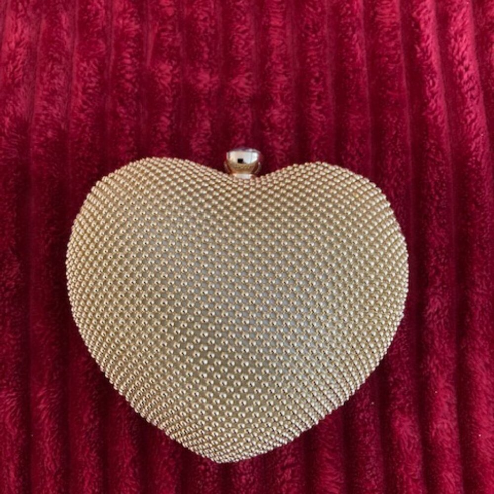 Vintage New Evening Metallic Gold Heart Shape Handbag